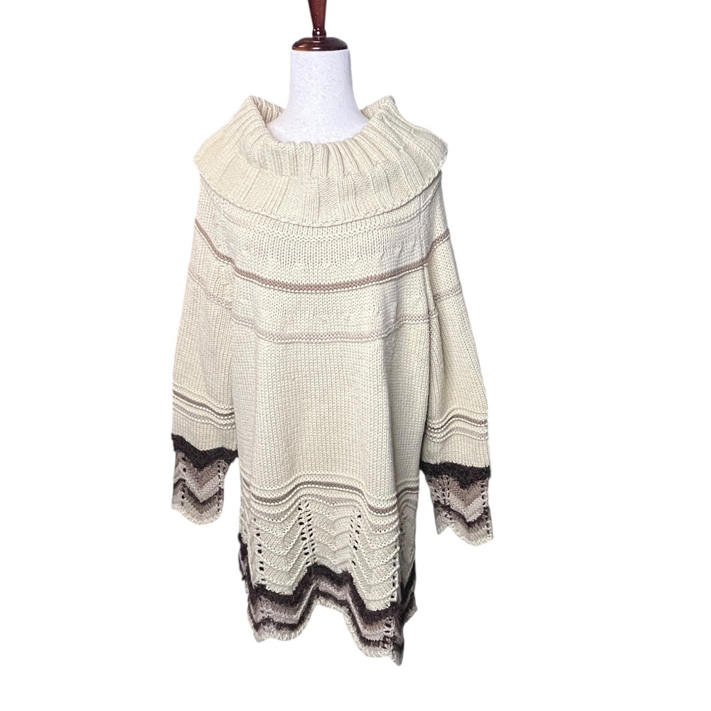 Denim 24/7 Womens 1X Beige Stripe Cowl Neck Knit Sweater Tunic 22/24 Acrylic